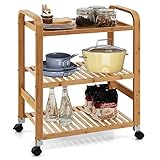 TANGZON 3/4 Tier Bamboo Serving Trolley on Lockable Detachable Wheels, Rolling Kitchen Utility Cart with Handles, Storage Shelves Rack for Home Bar Restaurant Office (3 Tier, 58x33x76cm)