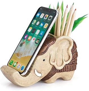 COOLBROS Pen Pencil Holder with Phone Stand, Resin Elephant Shaped Pen Container Cell Phone Stand Carving Brush Scissor Holder Desk Organizer Decoration for Office Desk Home Decorative (Elephant)
