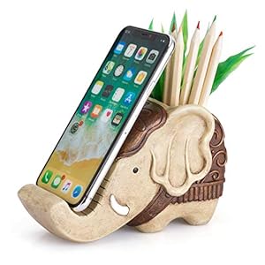 Pen Pencil Holder with Phone Stand, COOLBROS Resin elephant Shaped Pen Container Cell Phone Stand Carving Brush Scissor Holder Desk Organizer Decoration for Office Desk Home Decorative (Retro Brown)
