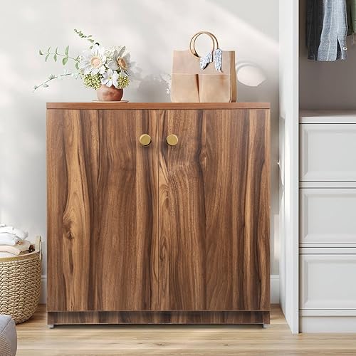 Image of Wooden Shoe Rack with Doors | 3 Tier Closed Shoe Cabinet for Home | Space Saving Footwear Storage Unit for Entryway, Living Room & Bedroom (L 60 x B 32 x H 60 cm) (DARK ASAIN, 3 Shelves) DIY