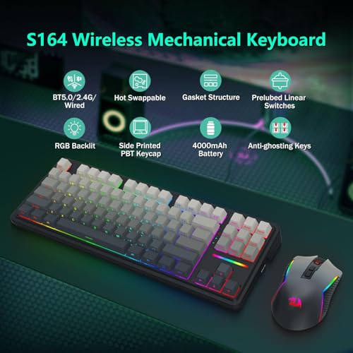 Image of Redragon Wireless Mechanical Keyboard and Mouse Combo, Bluetooth /2.4Ghz /USB-C Wired, RGB Backlit, TKL Creamy Gaming Keyboard with Hot Swappable Linear Switches + 12400 DPI Gamer Mouse