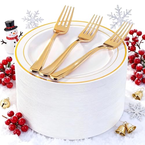 I00000 144 Small Plastic Dessert Plates Set Include 72 Pcs Gold Dessert Plates 7.5" with 72 Pcs Forks 7.5",Disposable Cake Plate,Fancy White Gold Plastic Small Plates for Party
