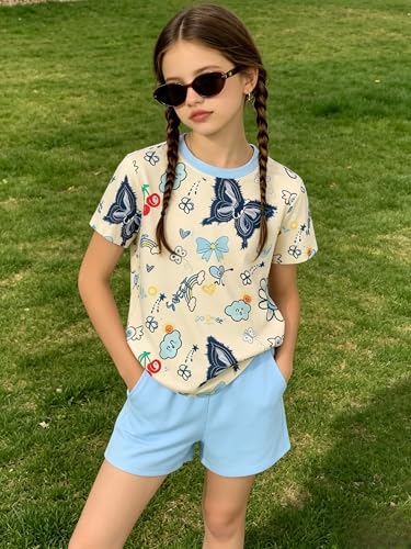 Image of Girls Clothes 2PCS Butterfly Print Short Sleeve T-Shirt + Shorts Set Teen Tween Girls Summer Outfits Set