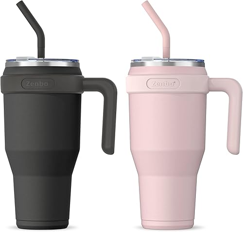 Zenbo Vaso de 40 onzas con asa, acero inoxidable aislado al vacío con asa, tapa y popote, mantiene las bebidas frías hasta 34 horas, cuerpo a prueba