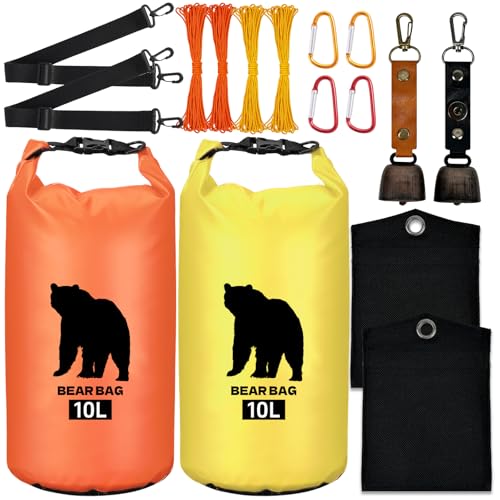 2 Pcs 10L Waterproof Bear Bags with 4 Nylon Ropes 4 Clips & 2 Rock Pockets & 2 Small Warning Bells for Hanging Food securely. Ultralight Camping Food Bag System. (Orange+Yellow 10L)