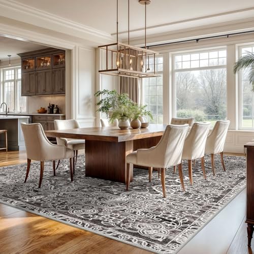KUTA Tan Area Rugs 9x12 Living Room, Vintage Washable Large Rug for Bedroom 9ft x 12ft Non-Slip, Ultra Soft Printed Traditional Floral Medallion Low-Pile Wool Dining Room Carpet
