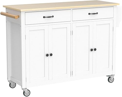 Miniatura 4 de Merax Carrito móvil de isla de cocina con tapa de madera y ruedas de bloqueo, armarios de 4 puertas y 2 cajones, estante para especias y toallas,