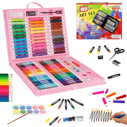 Image of WISHKEY 150 Pieces Art Set for Kids with Case, Art and Craft Supplies Kit for Drawing and Painting, Color Set with Markers, Water Colors, Brush, Color Pencils, Crayons (Pack of 1, Pink)