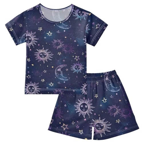 Sun Moon Stars Pajama Set, Short Sleeve Cotton Sleepwear Nightwear