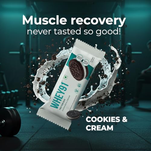Image of Whey91 Cookies & Cream Protein Bar, 20g Protein & 5g Fiber in each, No Added Preservatives, No Artificial Flavour, 390g- (Pack of 6)