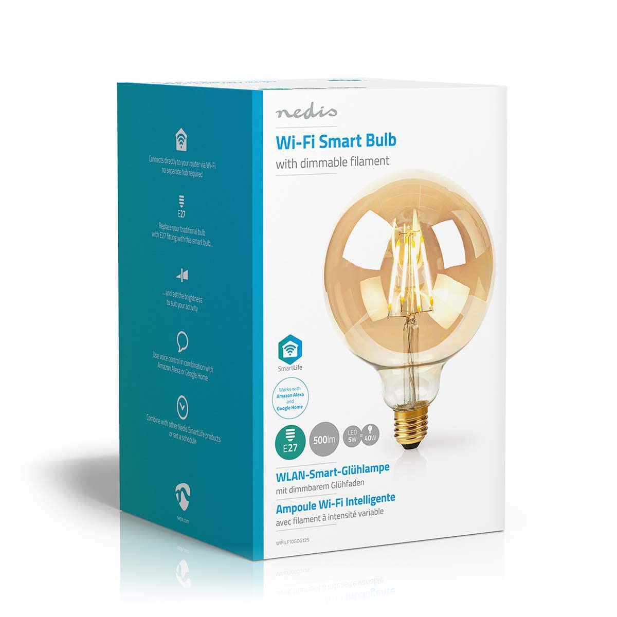 Nedis – Lampadina a filamento Smart WiFi – E27 – 125 mm – 5 W – 500 lm – Controllo app – Facile da configurare – Flusso luminoso nominale: 500 lm – Colore: oro – Materiale: vetro
