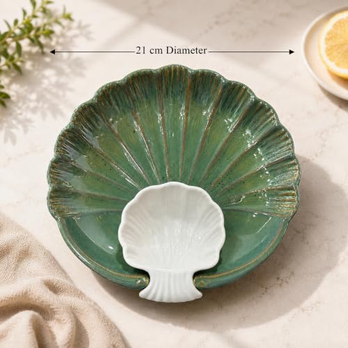 Image of The Earth Store Green Sea Shell Ceramic Platter - Microwave & Dishwasher Safe Serving Platter Ceramic | Platter Plates for Serving Snacks, Appetizers & Desserts for Home, Cafes & Restaurants