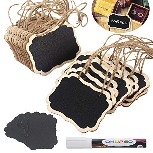 ONUPGO 20 Pack Chalkboard Tags with Liquid Chalk Marker, Double Sided Blackboard with Hanging String, Wooden Mini Erasable Chalkboard Signs, Hanging Chalkboard Labels, Price Tags, Message Tags
