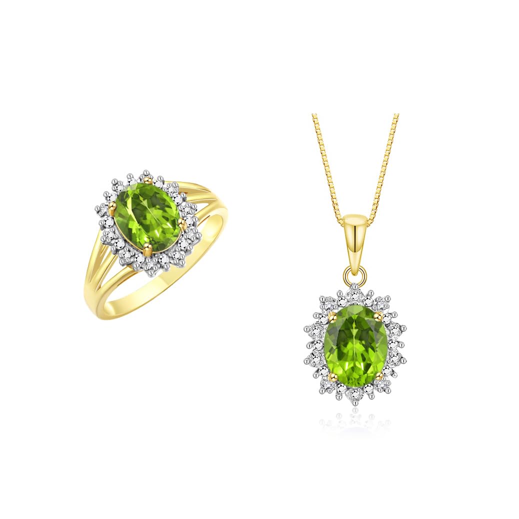 Rylos Women's Yellow Gold Plated Silver Princess Diana Ring &amp; Pendant Set. Gemstone &amp; Diamonds, 9X7MM Birthstone. Matching Friendship Jewelry, Sizes 5-10.