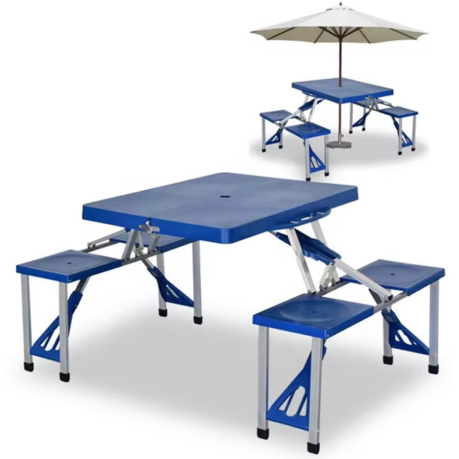BAKAJI Set Tavolo Tavolino Pieghevole PIC NIC Campeggio Struttura in Alluminio con 4 Sgabelli Pieghevole a Valigetta, Ideale per Il Campeggio, Picnic, Mare, Spiaggia, Giardino (Blu)