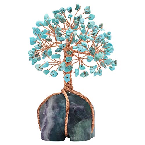 Image of Crocon Howlite Green Turquoise Gemstone Money Tree with Fluorite Rough Wire Wrapped Base | Feng Shui Bonsai | Ornament Figurine | Chakra Balancing | Reiki Crystal Healing | Spiritual | Decor Size 5-6 inch | Copper wire, fluorite rough base, feng shui bonsai Ornament Chakra Balancing Reiki Crystal Healing Spiritual Decor Size 5-6 inch