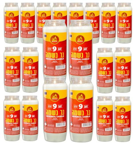 Ner Mitzvah 9 Day Yartzeit Candle - 20 Pack Kosher Yahrtzeit Memorial and Yom Kippur Candle in Plastic Holder