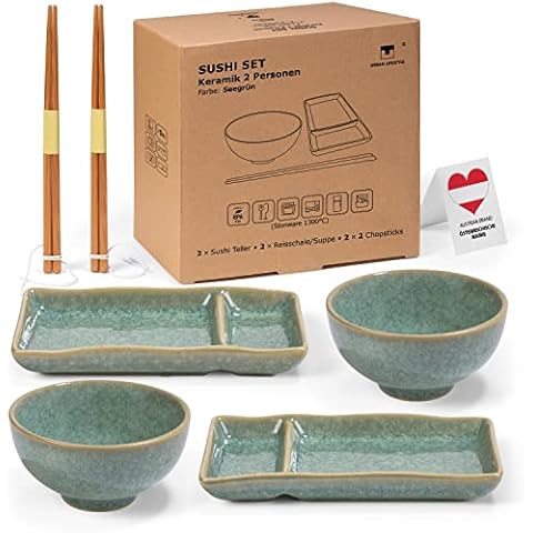 Urban Lifestyle Juego de sushi Misaki turquesa para dos personas, 2 platos de sushi, 2 cuencos de cerámica, 2 pares de palillos de bambú (verde) Cover