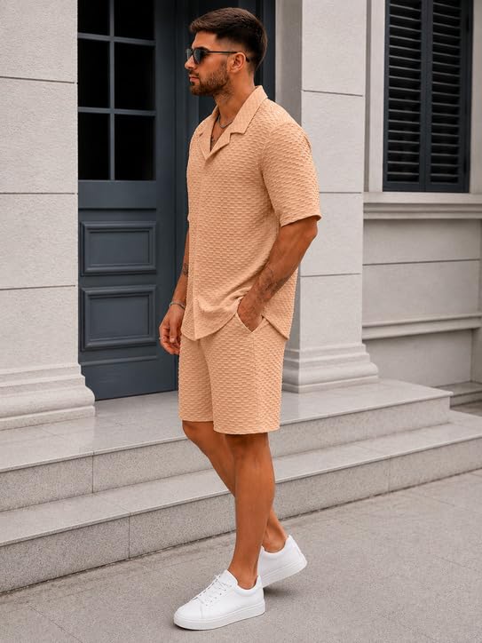 Image of Zilcon Men's Textured Co-Ord Set | Half Sleeve Cuban Collar Shirt & Shorts | Casual Summer Lounge Wear | Premium Matching Outfit