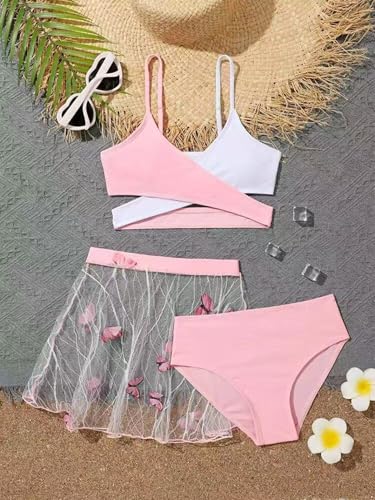 Kids Girls 3Pcs Criss Cross Wrap Bikini Sets Swimsuit with See Through Butterfly Beach Skirt3