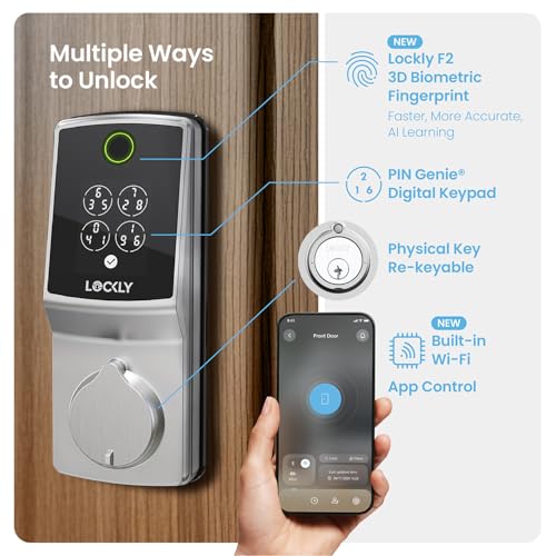 Image of Lockly Secure Pro Smart Lock, 0.2s AI Fingerprint Door Lock, Patented PIN Genie Keypad, Keyless Entry Deadbolt for Front Door, Zinc Alloy, IP65 Waterproof, 2 Backup Keys Included