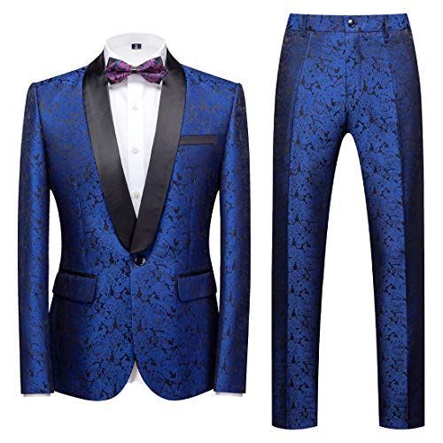 MOGU Mens 2 Piece Suit Slim Fit Shawl Lapel Tuxedo for Daily Business Wedding Party (Suit Jacket + Pants) US Size 30 Blue