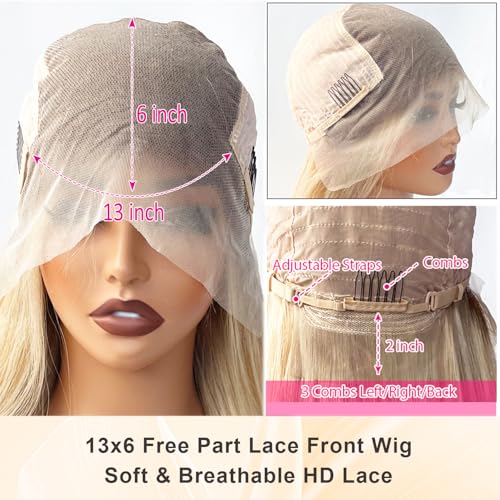 Image of Ombre Blonde Highlight Lace Front Wig Human Hair for White Women, 180% Density 13x6 Lace Frontal Pre Plucked with Baby Hair Straight Natural Real Remy Wear and Go Glueless Wigs 16 Inch