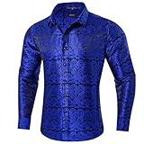 DiBanGu Silk Mens Dress Shirts,Woven Paisley Long Sleeve Button Down Shirt for Men Casual Regular Fit Shirts Wedding Party, Cobalt Blue, Large