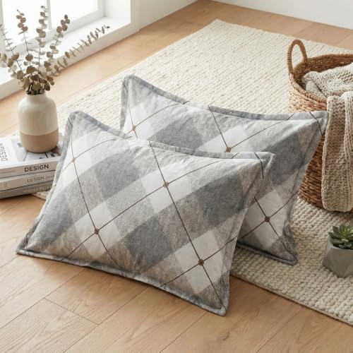 Image of Home Sizzler 210TC Grey Tartan Microfibre King Size Pillow Covers (18 X 27 Inches) - Grey, Set of 2
