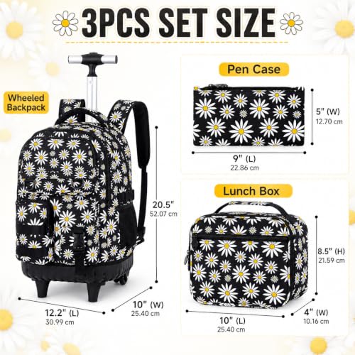 Image of CCJPX Rolling Backpack for Girls, 3Pcs Roller Wheeled School Bookbag, Daisy Wheels Backpacks with Lunch Box for Kids (Black)