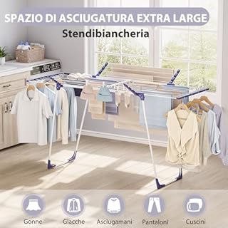 SYKIARIOL Stendibiancheria da Pavimento 22 m XXL - Stendino Salvaspazio - Pieghevole ed Estensibile per Interno/Esterno - Con 10 Clip e Borsa Portatile