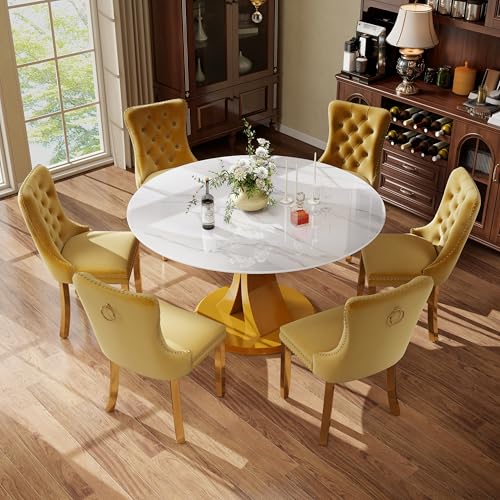 Image of 7-Piece Dining Table Set with 47In Faux Marble Table and 6 Velvet Upholstered Chairs, Modern Scandinavian Furniture for Dining Room Kitchen(Yellow&Gold)