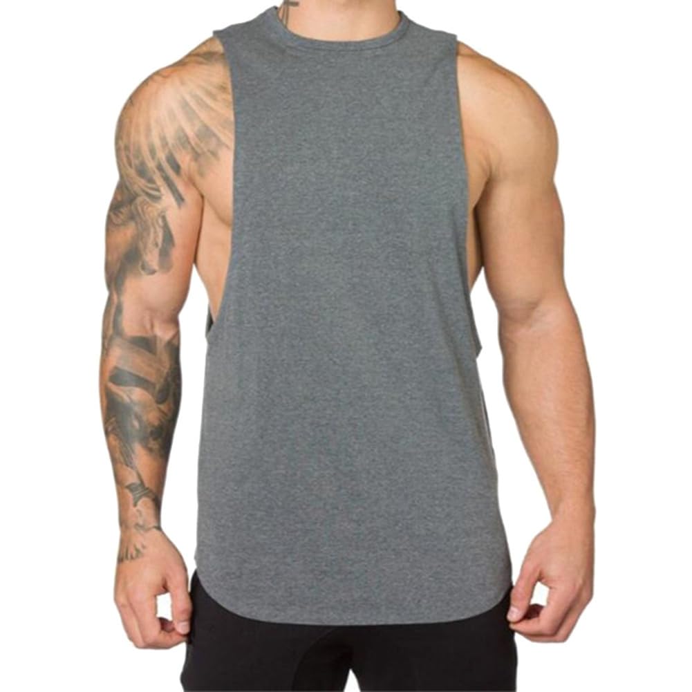 Simiduneur Men's Grey Workout Bodybuilding Drop Arm Tank Tops Athletic Training Gym Fitness Shirts Vest Cotton Cut Off Sleeveless Muscle T-Shirt,,M