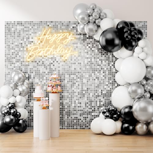 Image of Shimmer Wall Backdrop Silver 7FTx7FT Square Sequin Wall Panel Backdrop Decor for Wedding Anniversary Birthday Party, 49 Panels