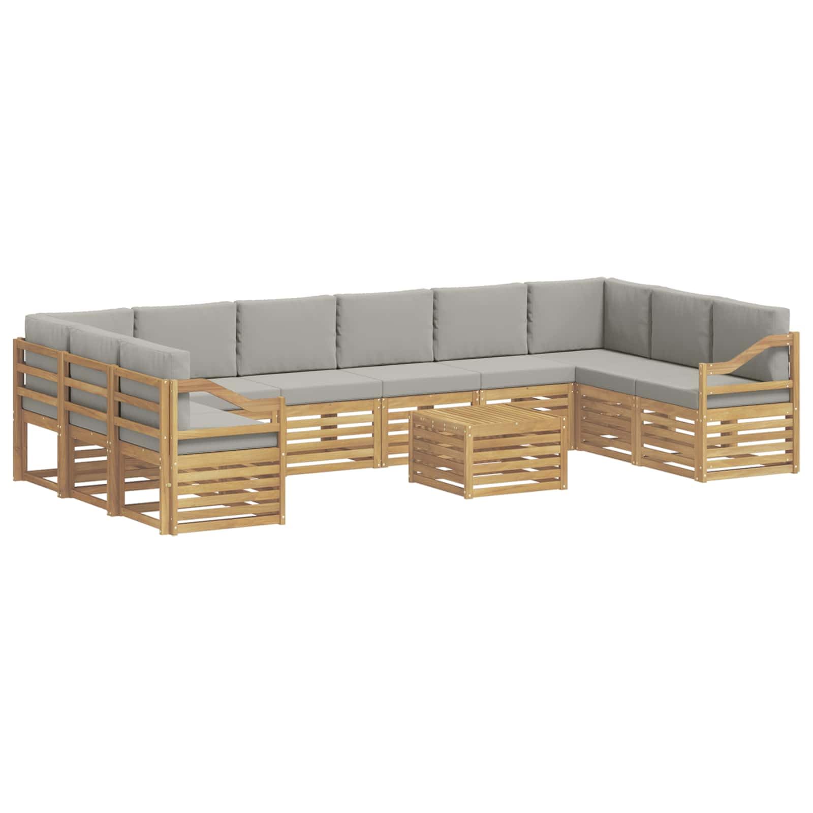 Ensemble de Canapés d'Extérieur 11 Pièces en Bois d'Acacia Massif avec Coussins, Salon de Jardin Modulable 10 Places pour Terrasse et Jardin, Style Moderne Lattes Blanc et Gris Clair