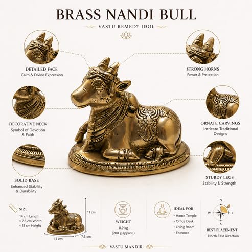 Image of Brass Nandi Bull Idol, Vastu Remedy for Stability & Devotion (11 cm, 900 g)