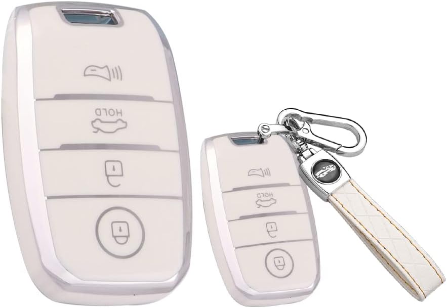 SANRILY Sliver-Edge 4 Button Smart Key Fob Cover for Kia Stinger GT K9 K900 2018 2019 2020 2021 Accessories Keyless Key Case with Leather Keychain Beige