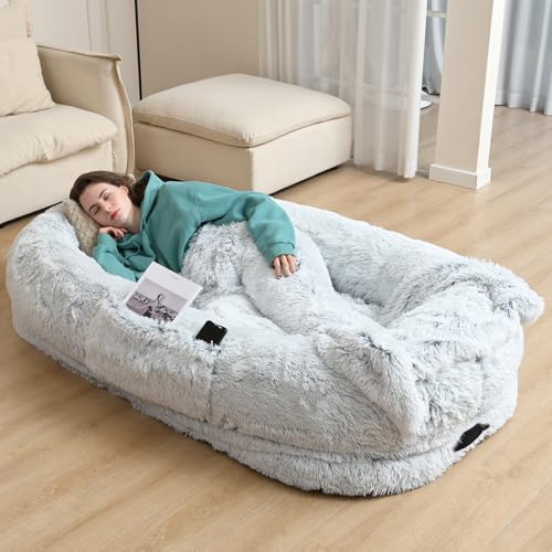 YAEM Human Dog Bed, 71"x45"x12" Calming Human Size Dog Bed for Adults, Washable Faux Fur Orthopedic Floor Beds, Waterproof Napping Pet Beds for People with Non-Slip Bottom, Grey by YAEM - Used condition - US$80.58