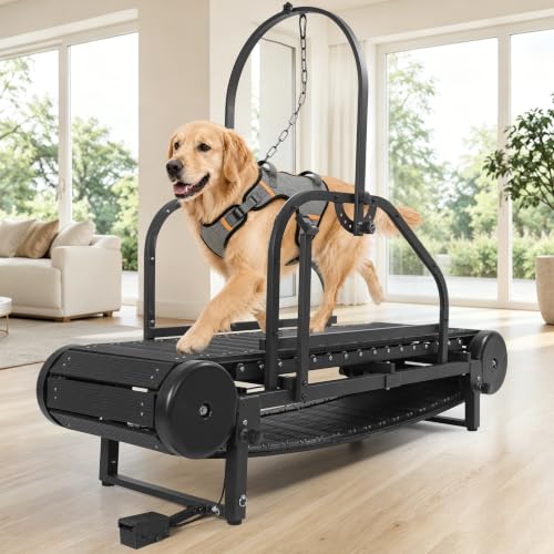 Non-Motorized Dog Treadmill for Large/Medium Dogs with Pedometer Foot Brake Control Adjustable Incline Rotating Support Bar Slatmill for Indoor Exercise Equipment up to 300 lbs (M-Foot Brake)
