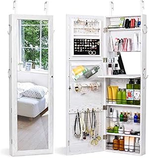 HOUSE DAY Jewelry Cabinet Wall Door Mounted Jewelry Organizer Mounted Lockable Jewelry Armoire Organizer with Full-Length Mirror Dressing Mirror Makeup Jewelry Storage (White)