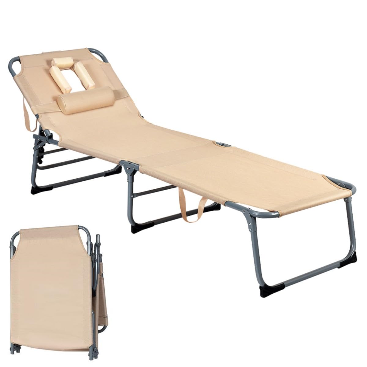 GOPLUS Tumbona Plegable, Tumbona Jardín Exterior con Agujero para la Cara, Almohada Extraíble y Respaldo Ajustable en 5 Posiciones, Tela Oxford, Playa Piscina Terraza, Carga 150kg, 194x60x36cm (Beige)
