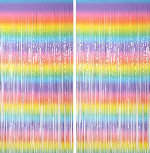 2 Pack 3.3ft×6.6ft Rainbow Door Streamers Tinsel Foil Fringe Curtain Backdrop for Photo Booth Props Graduation Bachelor Wedding Party Decoration