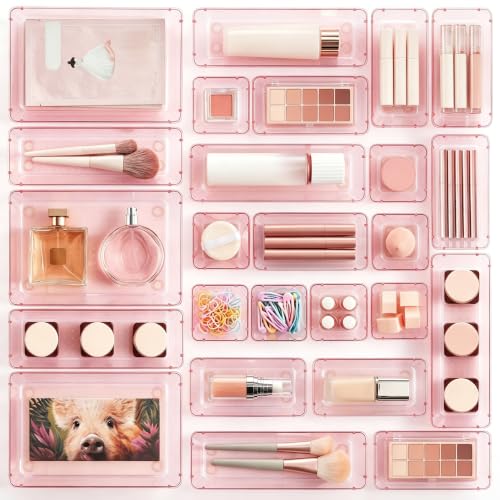 Image of Vtopmart 25 PCS Plastic Drawer Organizers Set, 4-Size Versatile Bathroom and Vanity Drawer Organizer Trays, Storage Bins for Makeup, Bedroom, Kitchen Gadgets Utensils and Office
