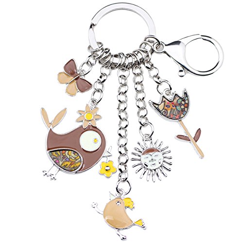 NEWEI Llavero esmaltado con diseño de pájaro de flor, accesorios para mujer, hecho a mano, aleación de mariposa, llavero de coche, monedero, dijes, Marrón, M