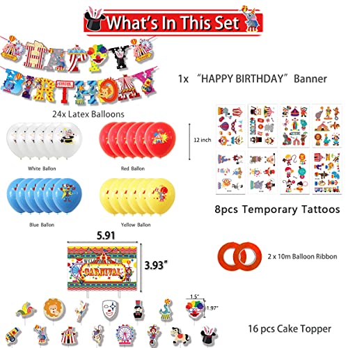 Carnival Circus Party Decorations-65Pcs Carnival Birthday Party Supplies Circus Birthday Banner Balloons Carnival Temporary Tattoos For For Kids Boys Girls Birthday Party Decorations Supplies #TOP1