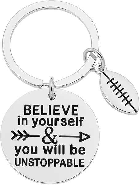 Football Keychain – Believe in Yourself & You Will Be Unstoppable, Inspirational Sports Gift for Football Players, Son, Daughter, Athlete, Team Motivation Gift for Teens, Boys, Girls