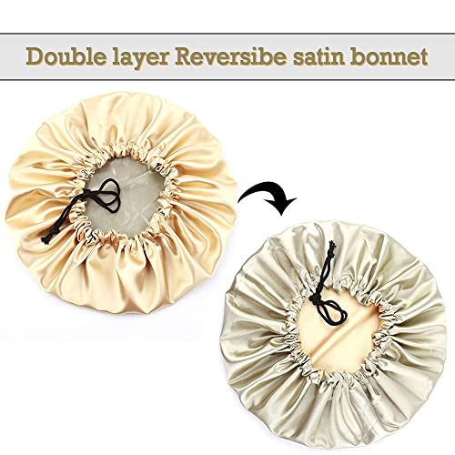 Image of Extra Large Adjustable Double Layer Satin Hair Bonnets with Drawstring for Women Night Sleeping Long Silky Satin