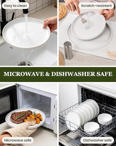 Image of OTAGO 16-Piece Dinnerware Set for 4 with Mugs, Ribbed Stoneware Plates and Bowls Sets, Unique Handcrafted Reactive Glaze, Chip and Scratch Resistant Dish Set, Microwave & Dishwasher Safe, White
