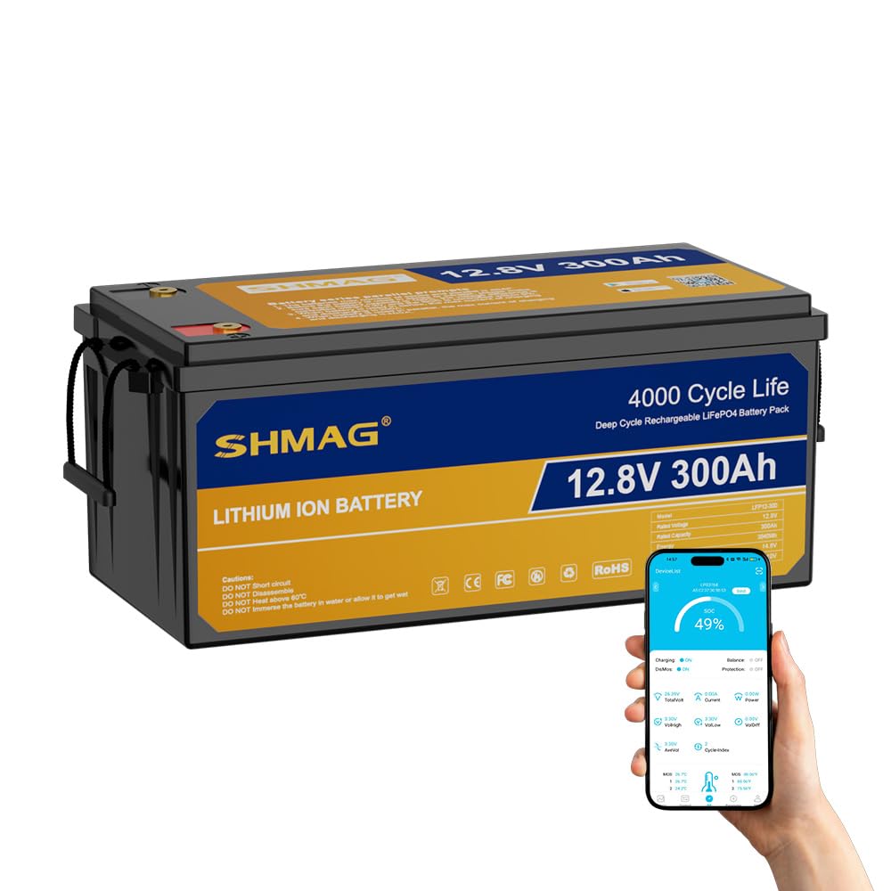 SHMAG 12V 100Ah LiFePO4 Battery, Max. 1280Wh Energy Lithium Battery Built-in 100A BMS, Max. 15000 Cycles Lithium Iron Phosphate Battery, Support RVs, Off-Grid, Solar, Boat via Bluetooth