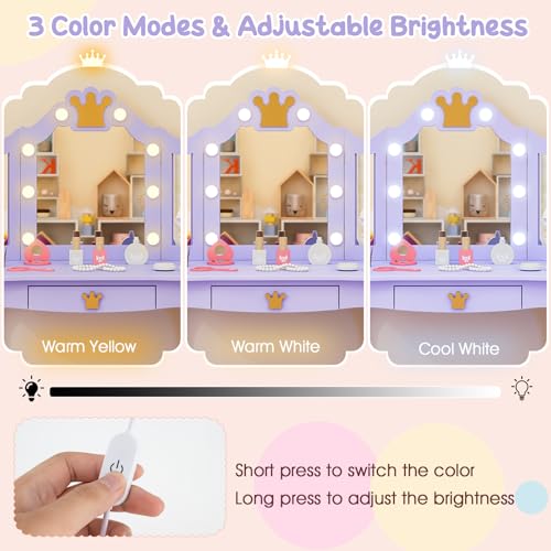 Image of KOTEK Kids Vanity with Lights, Crown Girls Vanity Set w /Tri-Folding Mirror, Detachable Top, Stool & Drawer, Wooden Toddler Makeup Dressing Table, Kids Vanity Table and Chair Set (Violet)